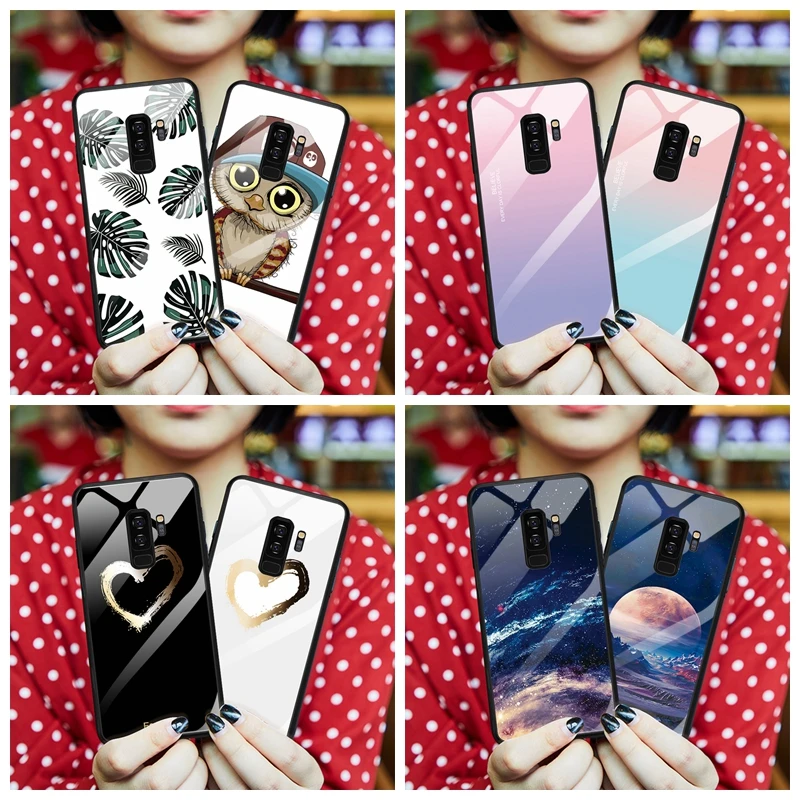 Trendy Owl Heart Space Gradient Pattern Tempered Glass Case For Samsung Galaxy S9 S8 Plus Note 8 Cover Coque Fundas |