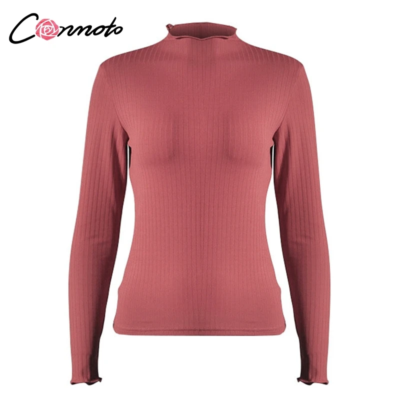 Deep Pink Conmoto, ребристая трикотажная женская блузка, рубашка, одноцветная, облегающая, Осень-зима, рубашка, повседневная, Feminino, базовые блузки, топы - Цвет: Deep Pink