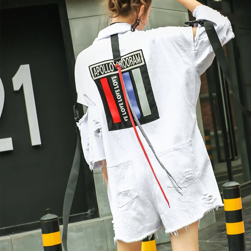 Женский джинсовый комбинезон с коротким рукавом повседневный Свободный белого