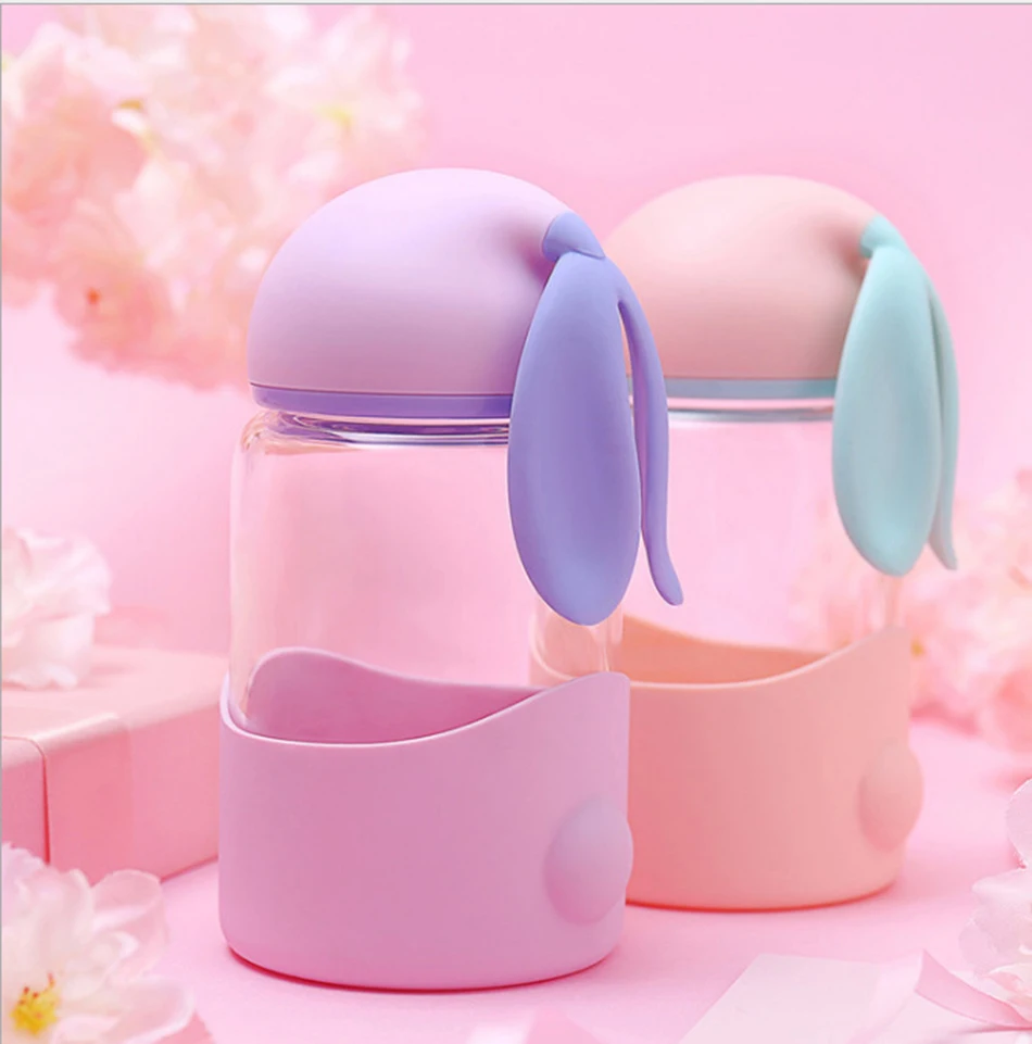 Кавайная Милая бутылка для воды с мультяшным Кроликом, стеклянная бутылка с силиконовым рукавом для детей, студенток, девочек, портативные бутылки для напитков, BPA бесплатно
