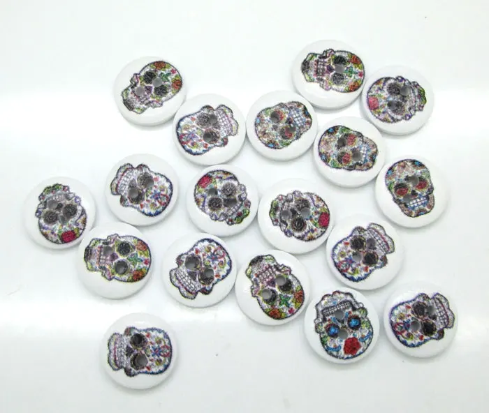 

100 шт. 15 мм модные разноцветные белые круглые деревянные пуговицы с рисунком черепа для одежды ремесла шитье скрапбукинг DIY аксессуары