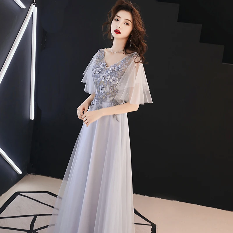 Серое свадебное вечернее Ципао женское элегантное платье с v образным вырезом и