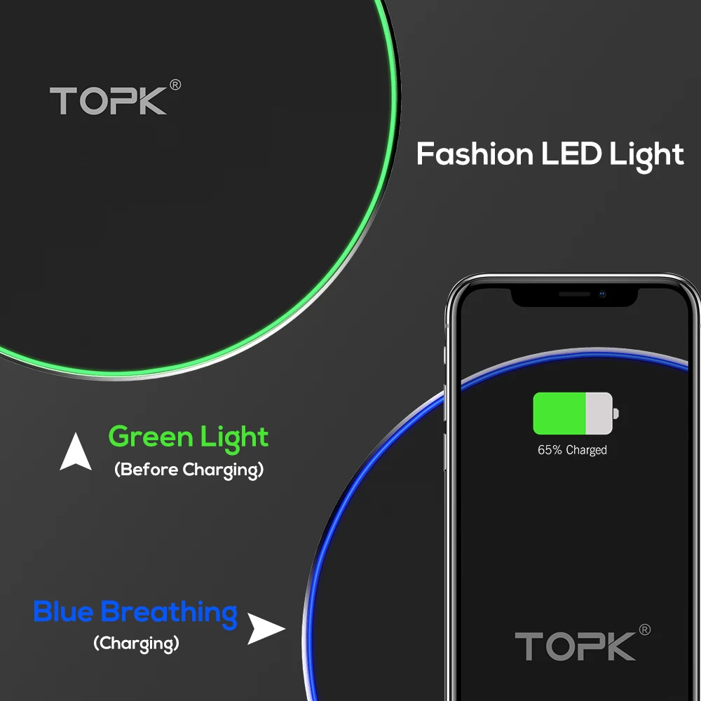 TOPK 10 Вт Беспроводной Зарядное устройство для iPhone 8/X быстро зарядки samsung S8/S8 +/S7 край