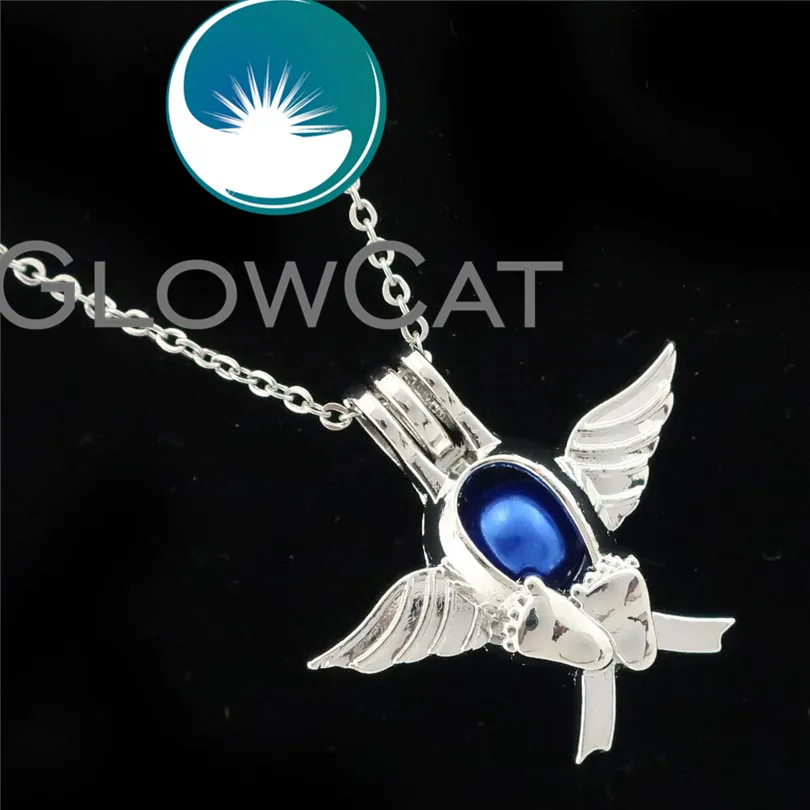 GLOWCAT R-K697 серебристого цвета, декорированной крыльями из перьев для ног бисер с принтом клетка кулон эфирных масел, аэрозольный распылитель для ароматерапии, жемчужная клетка медальон Цепочки и ожерелья