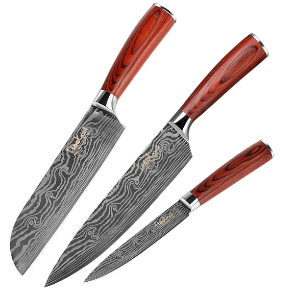 Three-piece Set Кухонный нож поварские ножи 8 дюймов японский 7CR17 440C высокоуглеродистая Нержавеющая сталь шлифовальный лазерный узор нож для овощей Santoku - Цвет: Three-piece Set