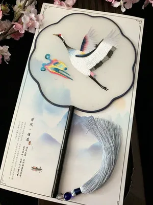 Red-crowned crane Su вышивка шелк двухсторонняя ручная вышивка круговой Вентилятор китайский стиль с длинной ручкой круговой вентилятор подарок в античном стиле вентилятор - Цвет: Red-crowned crane