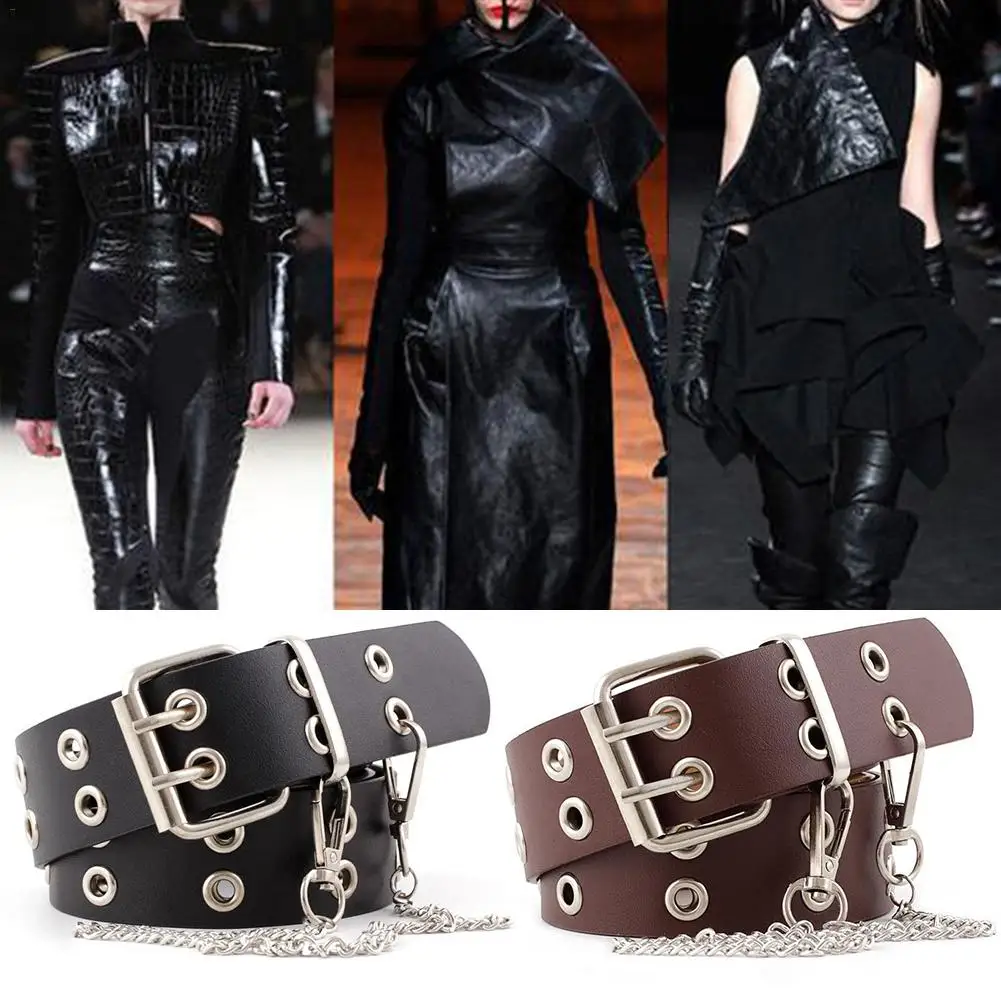 Ремень кожаный черный с отверстиями в два ряда унисекс цепочкой |