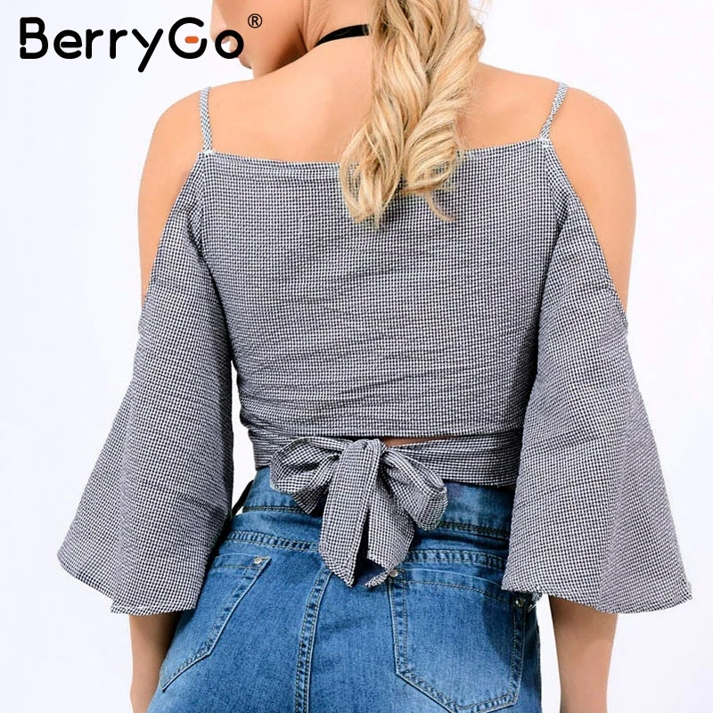 Berrygo сексуальный лук рукав фонарик блузка Femme Модные V шеи плед рубашка Женщины