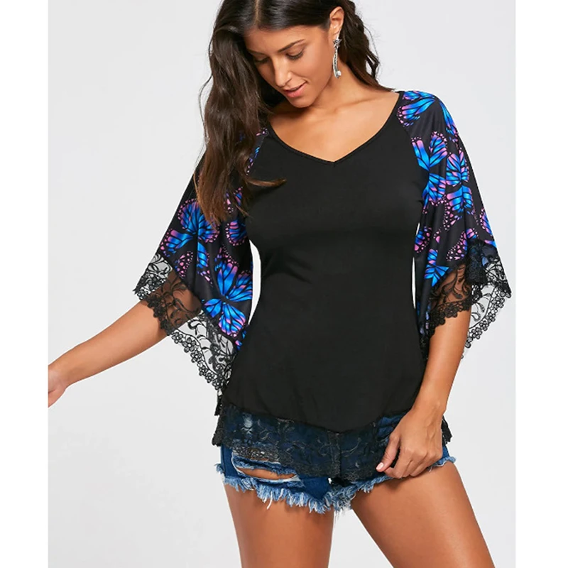 Модная женская кружевная Лоскутная футболка с v образным вырезом и бабочкой