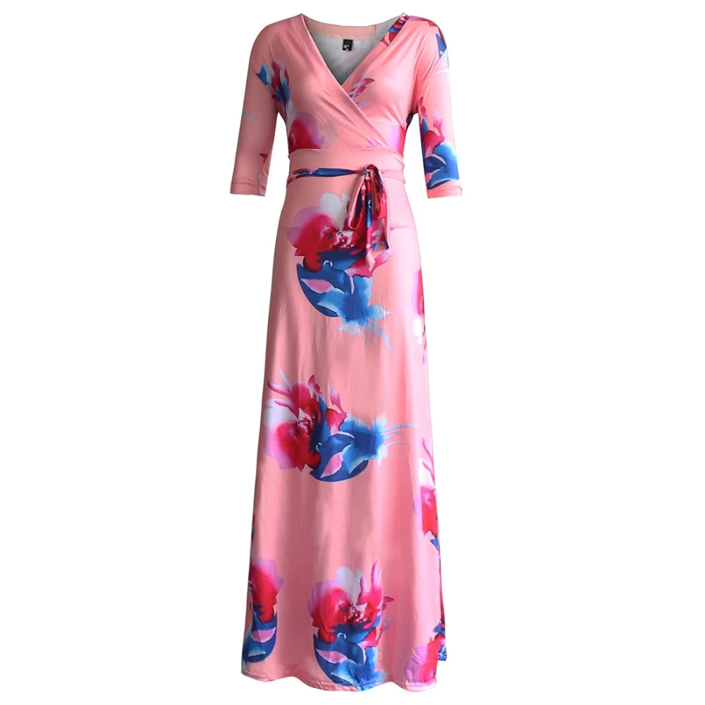 Женское длинное платье с v-образным вырезом и рукавом три четверти разноцветное