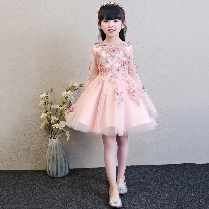 Детское свадебное платье с длинным рукавом аппликацией из бисера | Детская