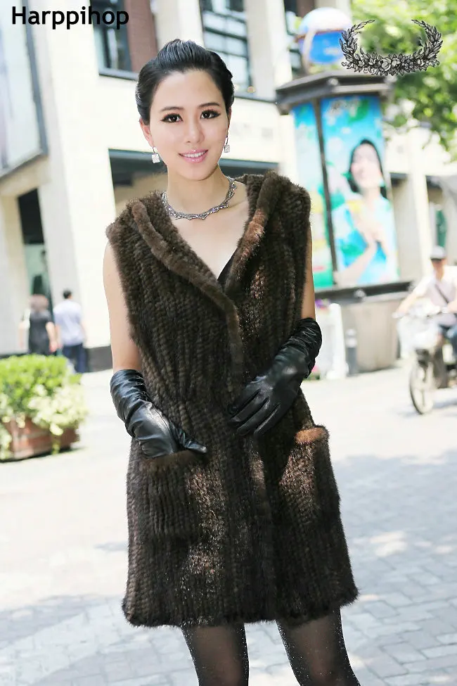 Жилет из натурального меха норки с воротником енота вязаный жилет пальто цвета