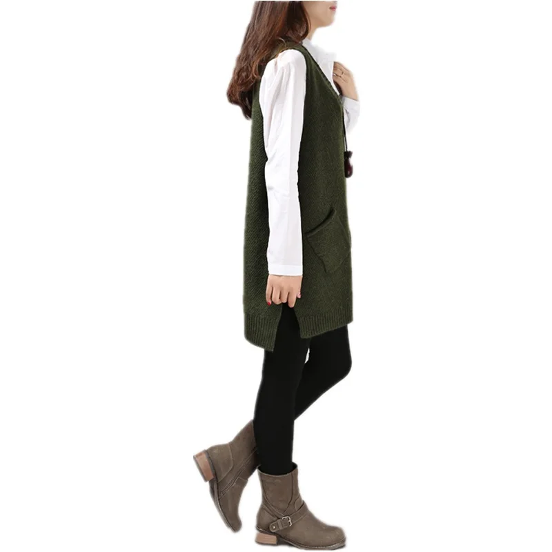 New Warm Winter Vest Women Knitted Sleeveless Coat Casual Female Autumn Long Slim Waistcoat Gilet Femme Pocket Vests Ladies | Женская