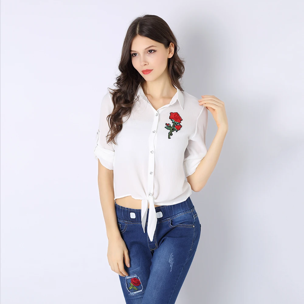 C Вы Галстук Узел рубашка Новые женские цветок вышивка блузки Мода шнуровка лук