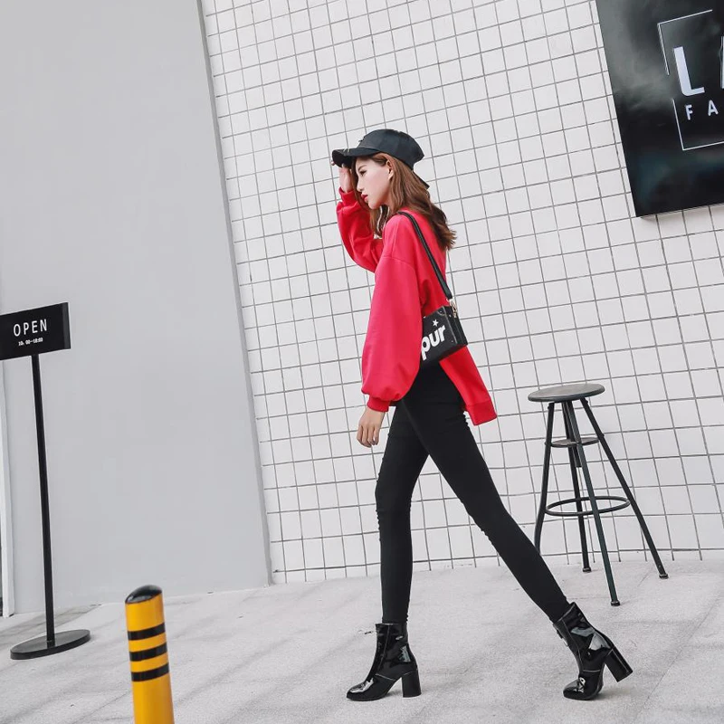 

Women Shoes 2019 Zipper Boots Woman Front Big Zipper Open Botas Mid-Calf Botines Winter Thick High Heels Patent Leather Booties