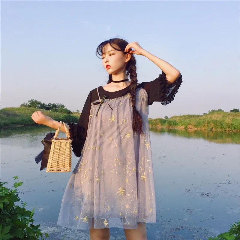 Женские платья Япония каваи Ulzzang шифон сшивание сетка ложные два женское милое