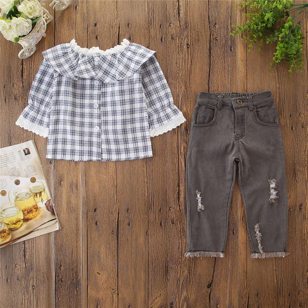 Детский комплект одежды для маленьких девочек клетчатая рубашка с открытыми