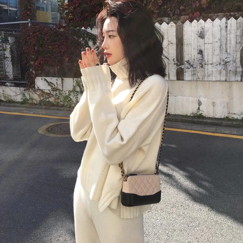 Весенне зимний трикотажный спортивный костюм водолазка свитера Модный женский