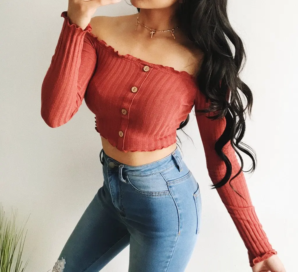 New Fashion Women Clothing Ladies Frill Off Shoulder Slash Neck Knittwear Buttons Long Sleeve Crop Tops Knitted | Женская одежда