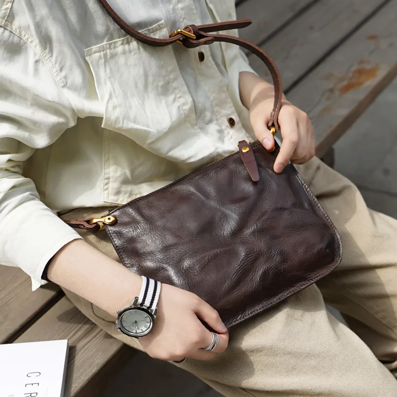 PNDME original handmade genuine leather shoulder bag fashion simple cowhide leather small crossbody bags women's envelope bag