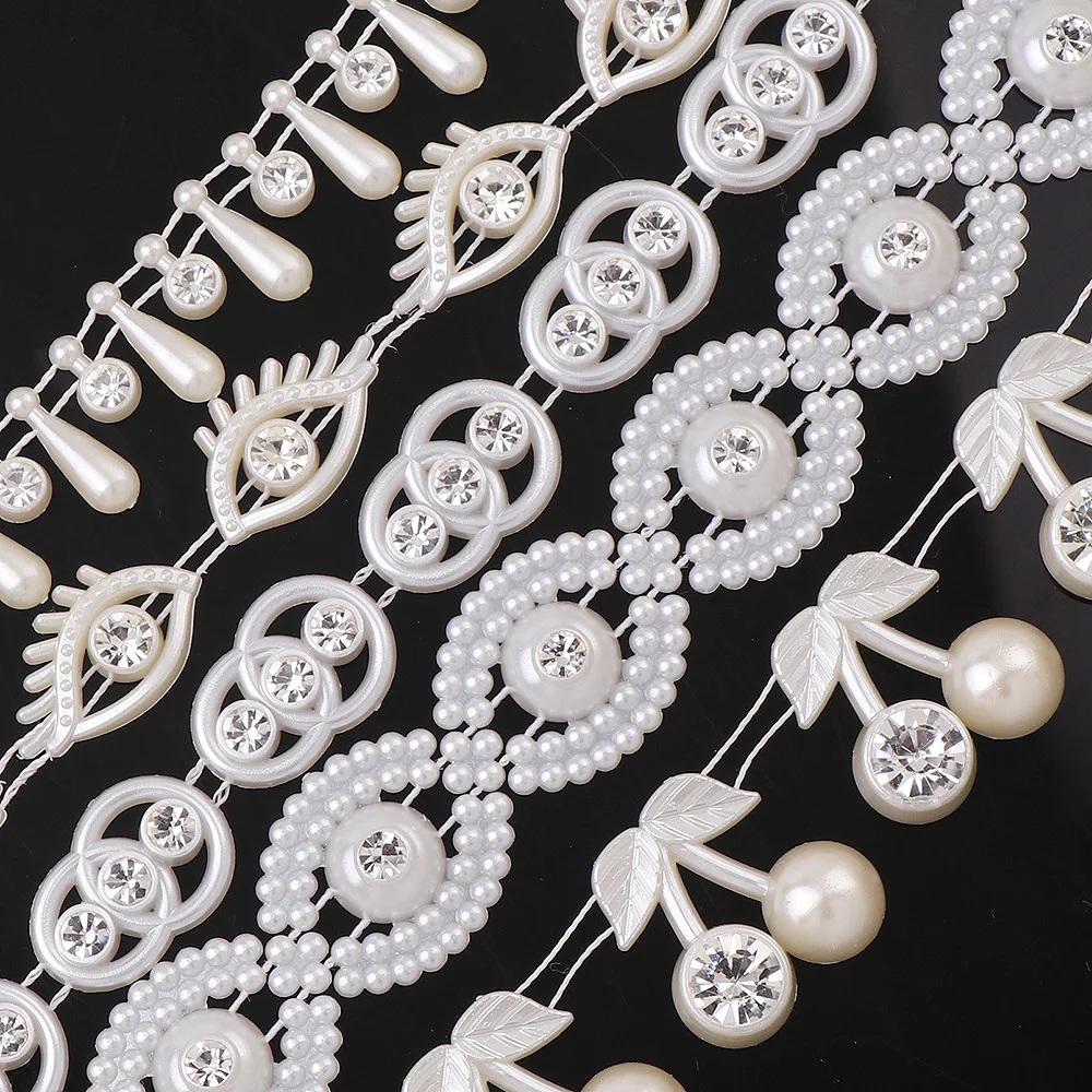 

1 Yard ABS Eye Cherry Pearl Chain With Rhinestone Bridal Beads Appliques Garment Chain For Wedding Dress Crafts Jewelry Decor
