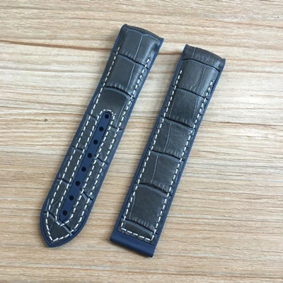 Blue 1 no buckle 20 мм 22 мм темно-синий черный коричневый резиновый ремешок с кожаным ремешком для часов OMEGA Planet Ocean Seamaster 300 Speedmaster браслет - Цвет ремешка: Blue 1 no buckle