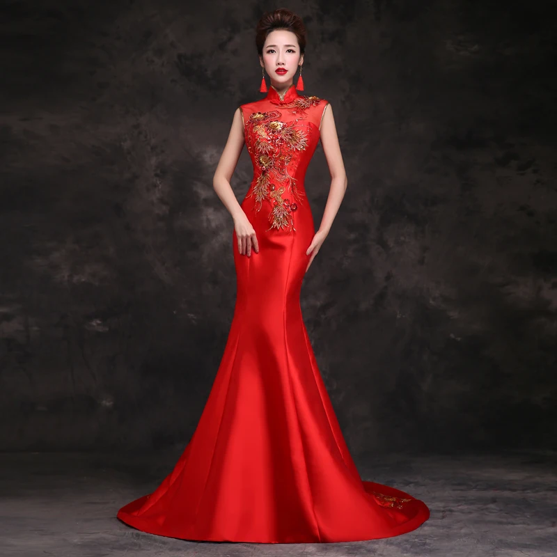 Традиционное китайское платье Чонсам для невесты, Qipao, с вышивкой, красное, Русалка, свадебные платья, стиль Chinois Femme, восточные платья