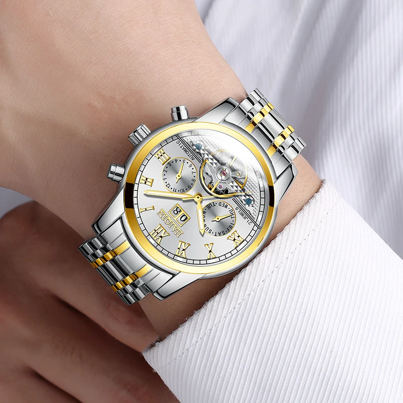 

HAIQIN Men Mechanical Watch Casual Tourbillon Wristwatch Waterproof Automatic Self-Wind Calendar Leather Watch Relogio Masculino