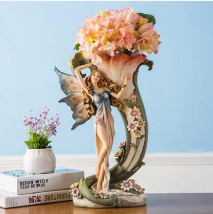 Style 1 with flower Европейский античный ангел красоты смолы ваза статуэтки Цветочные украшение статуи домашнего интерьера ремесло Американский свадебный подарок - Цвет: Style 1 with flower