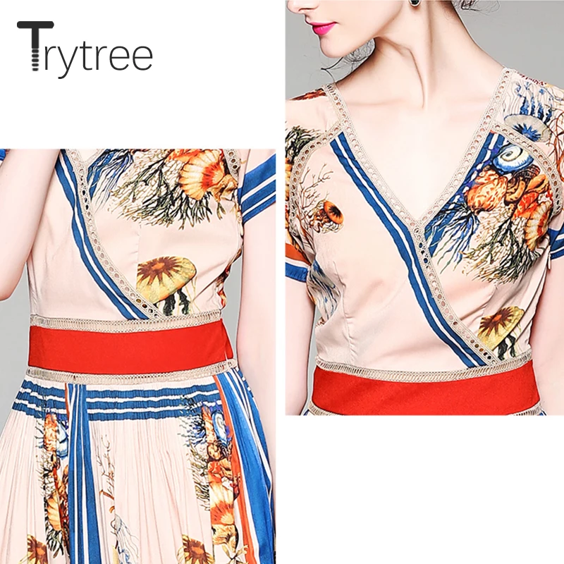 Trytree летнее Повседневное платье с принтом морской жизни женское v образным