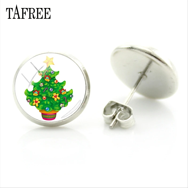 TAFREE новые модные стеклянные кабошоны серьги гвоздики Рождественская елка