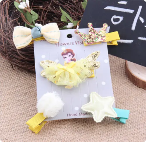5Pcs Newborn Kids HairPins Cute Hair Accessories Baby Girl Cartoon Princess Motifs Clip Set Headband Gift For | Мать и ребенок
