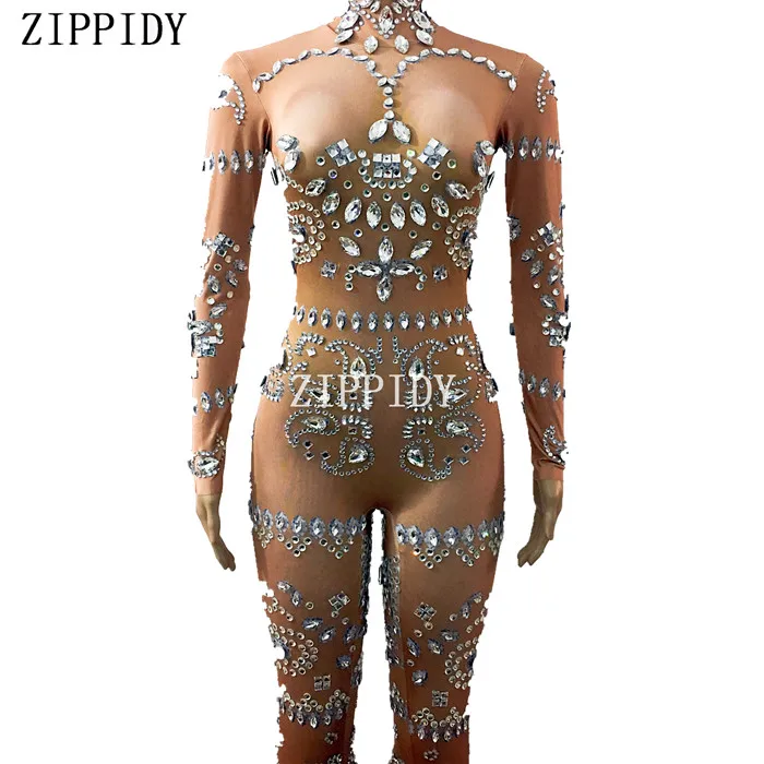 

Glisten Crystals Stones Jumpsuit Sexy Evening Party Wear Bright Rhinestones Bodysuit Costume Prom Birthday Celebrate Outfit