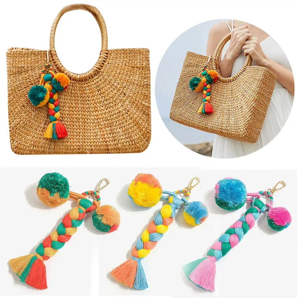 

Women Creative Handmake Cotton Knitting Tassel Keychain Fashion Bohemia Keyring Sewing Handbag Pendant Accessories