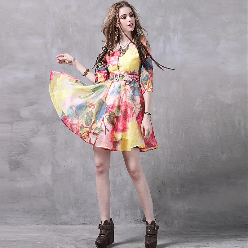 Летнее платье 2018 Yuzi. мая Boho органза женские платья квадратный воротник с коротким