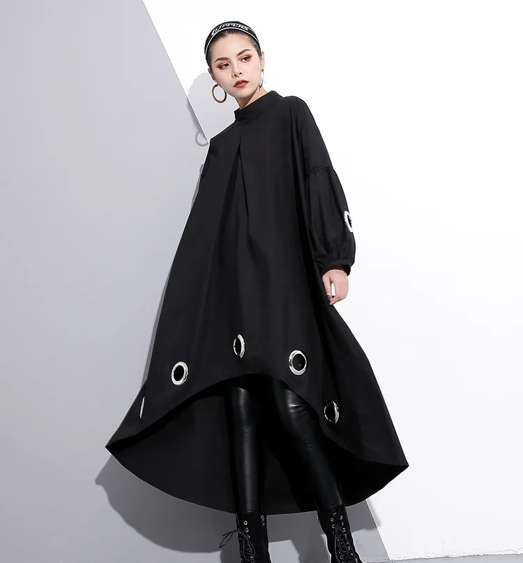 2019 Новое весеннее платье с круглым вырезом и длинным рукавом однотонное черное