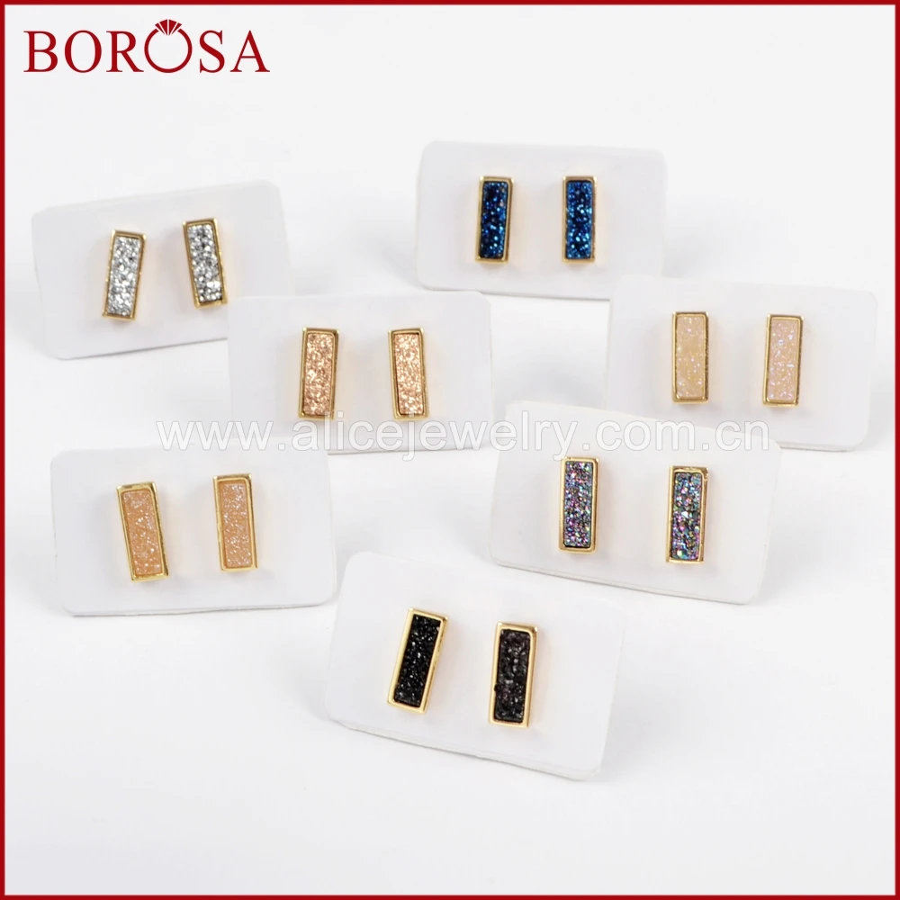 Женские прямоугольные серьги гвоздики BOROSA золотистые радужные пусеты из титана