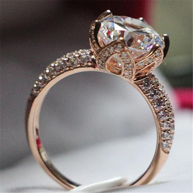 Цветок лотоса стиль 4CT отличный алмаз обручальное кольцо для Леди Твердые стерлингового серебра с покрытием из розового золота