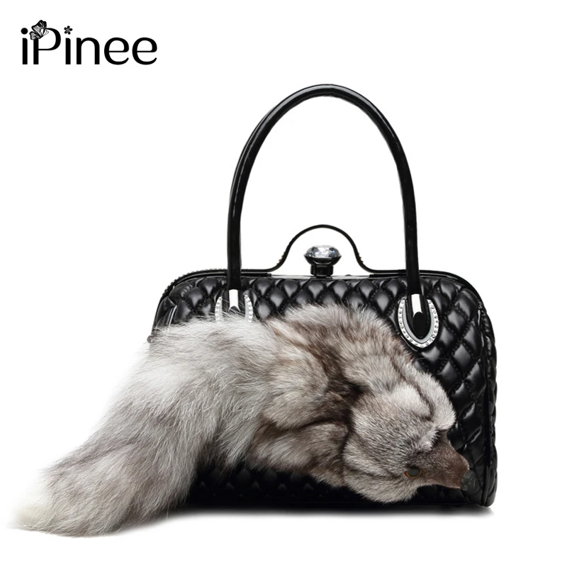 

iPinee Women's Bag Fox Fur Luxury Handbags High Quality Genuine Leather Designer Shoulder Female Messenger Women Bags