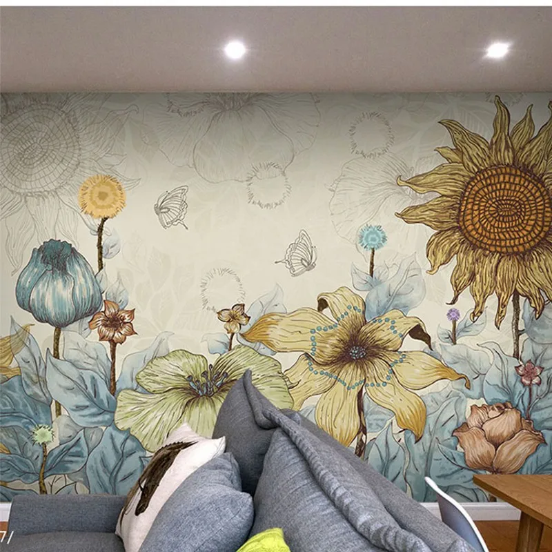 Фотообои 3D Акварельные Цветы Настенные нетканые для гостиной диван задний фон