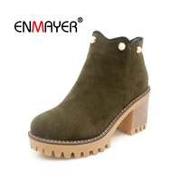 enmayer ankle boots round toe high heel women ankle boots warm autumn winter footwear boots shoes woman beading zipper cr1488