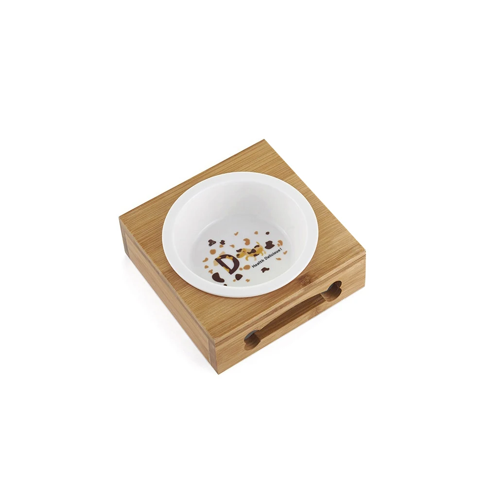 Ceramics Single Нержавеющая сталь/Керамика ПЭТ миска для собаки, домашних животных подачи питьевой чаши Комбинации с бамбуковым корпусом поилок для собаки кошки - Цвет: Ceramics Single