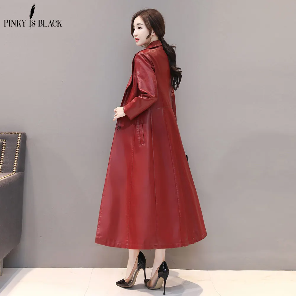 PinkyIsBlack Spring Autumn Women Leather Jacket Fashion PU Leather Coats X-long Single Breasted Turn Down Collar Leather Jacket