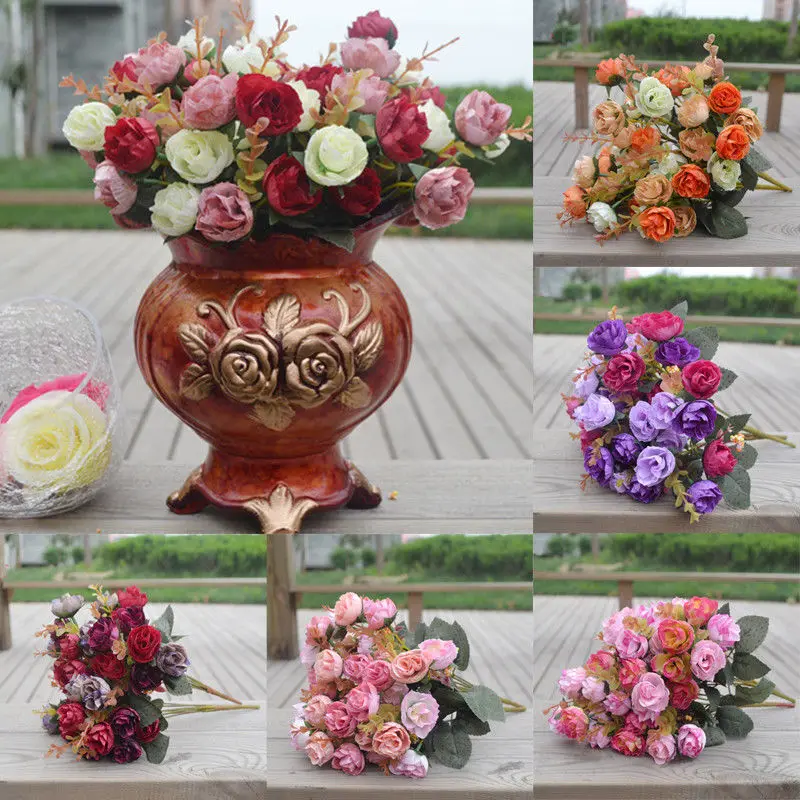 Искусственный пластиковый букет из 2 розовых шелковых цветов 42 головки Свадебный