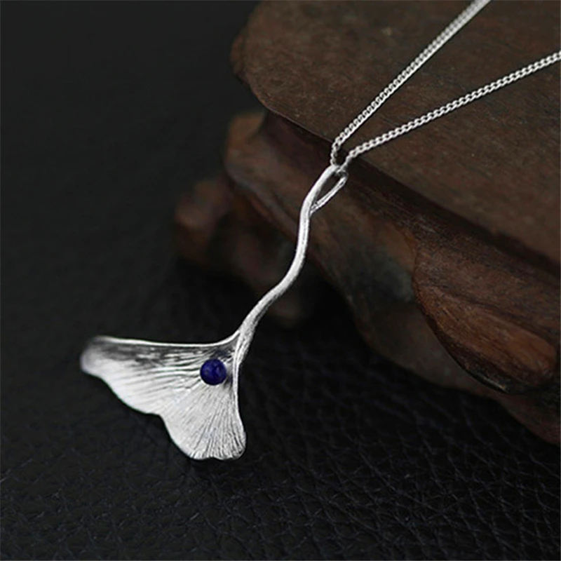 Женский кулон листья гинкго Lotus Fun без цепочки с натуральным Лазуритом ювелирное