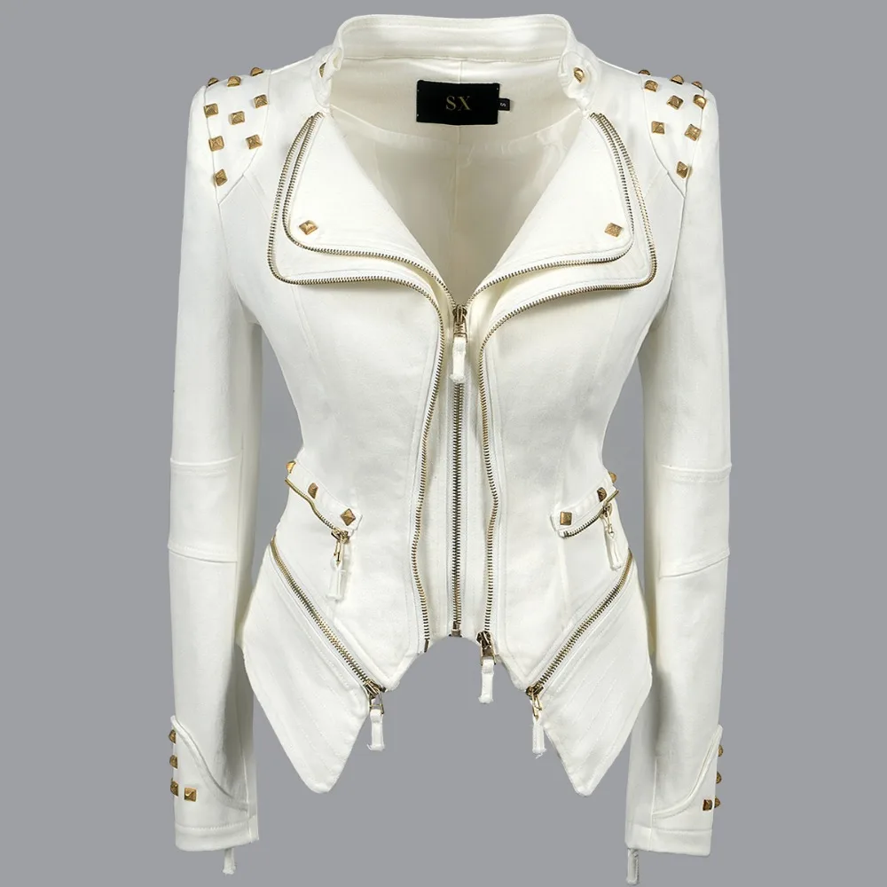 Sx motorcycle jacket rivet zipper denim jacket large size slim motorcycle dress women outdoor