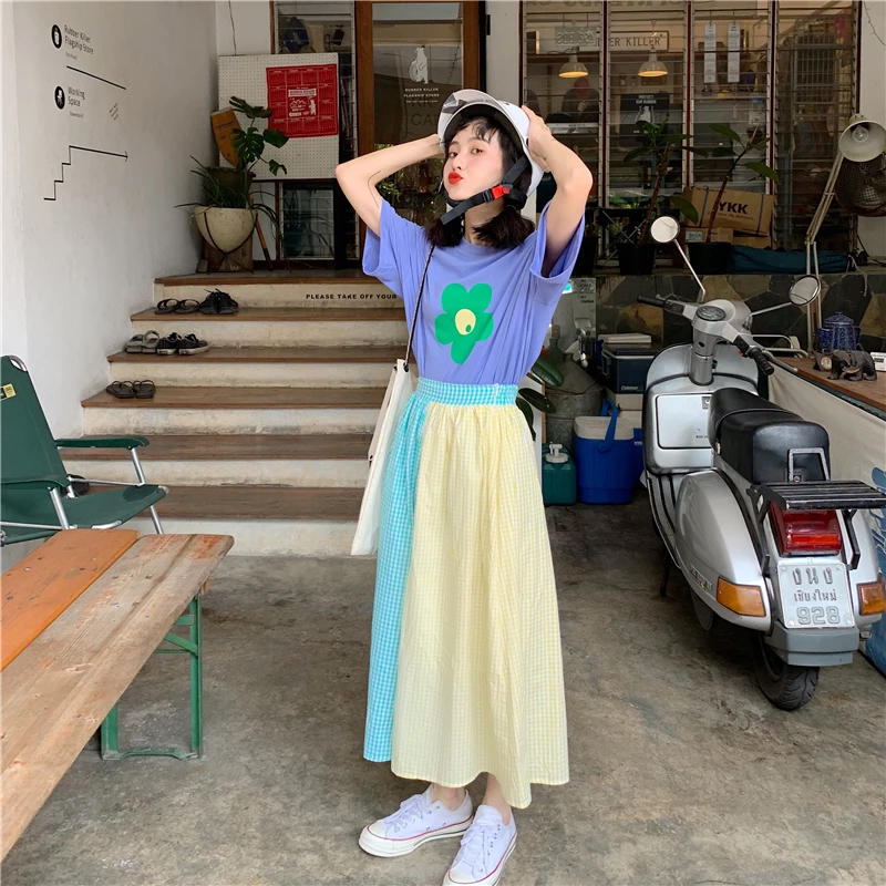 Высокая талия лоскутное блок контрастный карамельный цвет полосатый Boho Kawaii милая Лолита Mori девушка Корейская длинная юбка миди Маргаритка/Топ/рубашка
