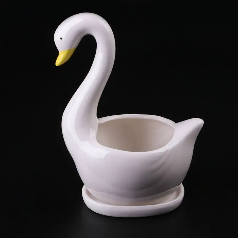 Керамический цветочный горшок с изображением белого лебедя для суккулентов