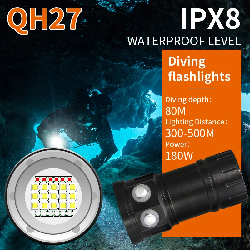 

Tinhofire QH27 IPX8 180W 18000LM White Red Blue LED Diving Flashlight Underwater 80M Photography Video Scuba Photo Fill light