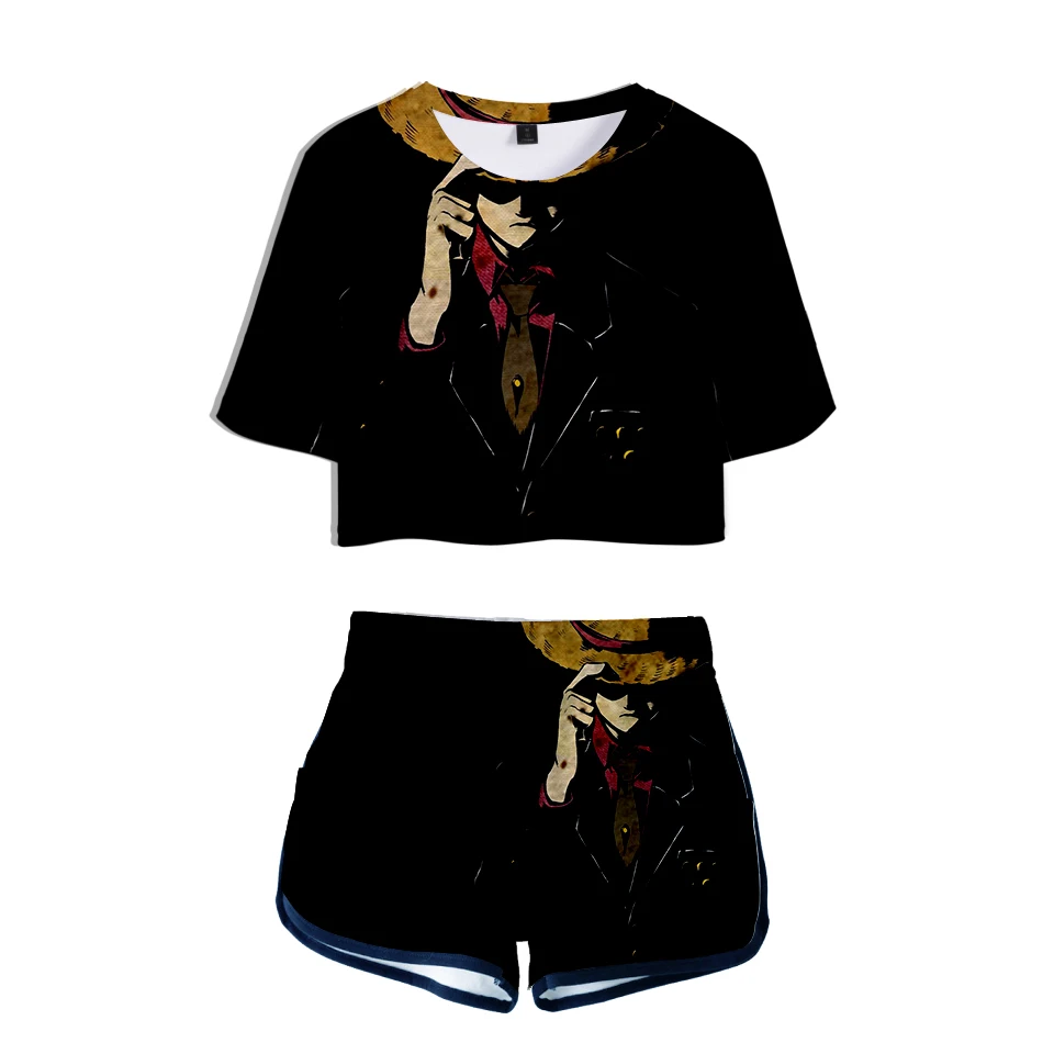

One Piece Luffy Women Summer Trendy 3D Printed Two Piece Sets Short Sleeve Crop Tops+Shorts Hot Japanese Anime Casual Clothes